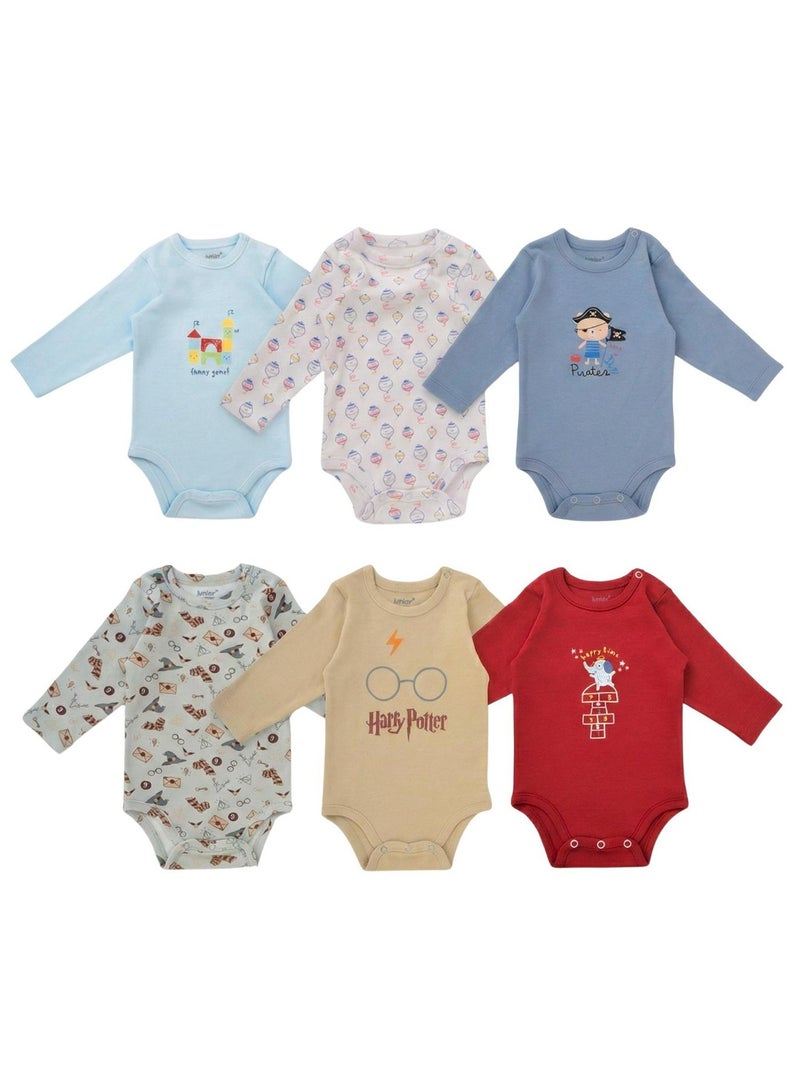 Junior Baby Long Sleeve Bodysuits, 6-Pack, Multiple Designs, 100% Cotton - Baby Boy - Image 1